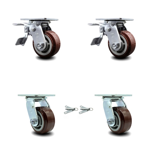 4 Inch Polyurethane Caster Set with Ball Bearings 2 Brakes 2 Swivel Locks SCC